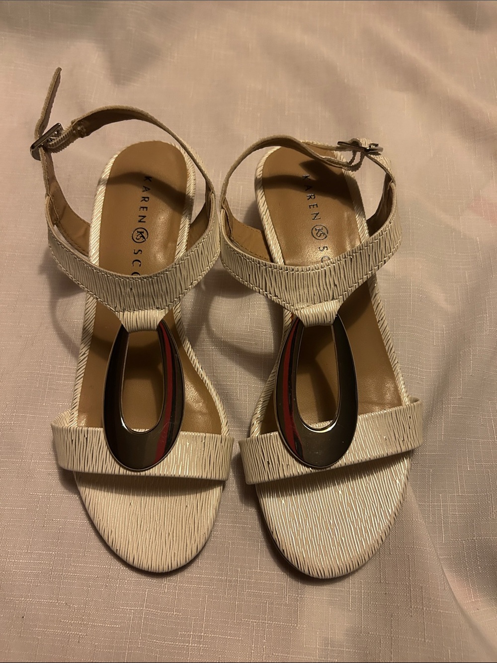 Karen Scott Cream T-Strap Sandals with Oval Accent